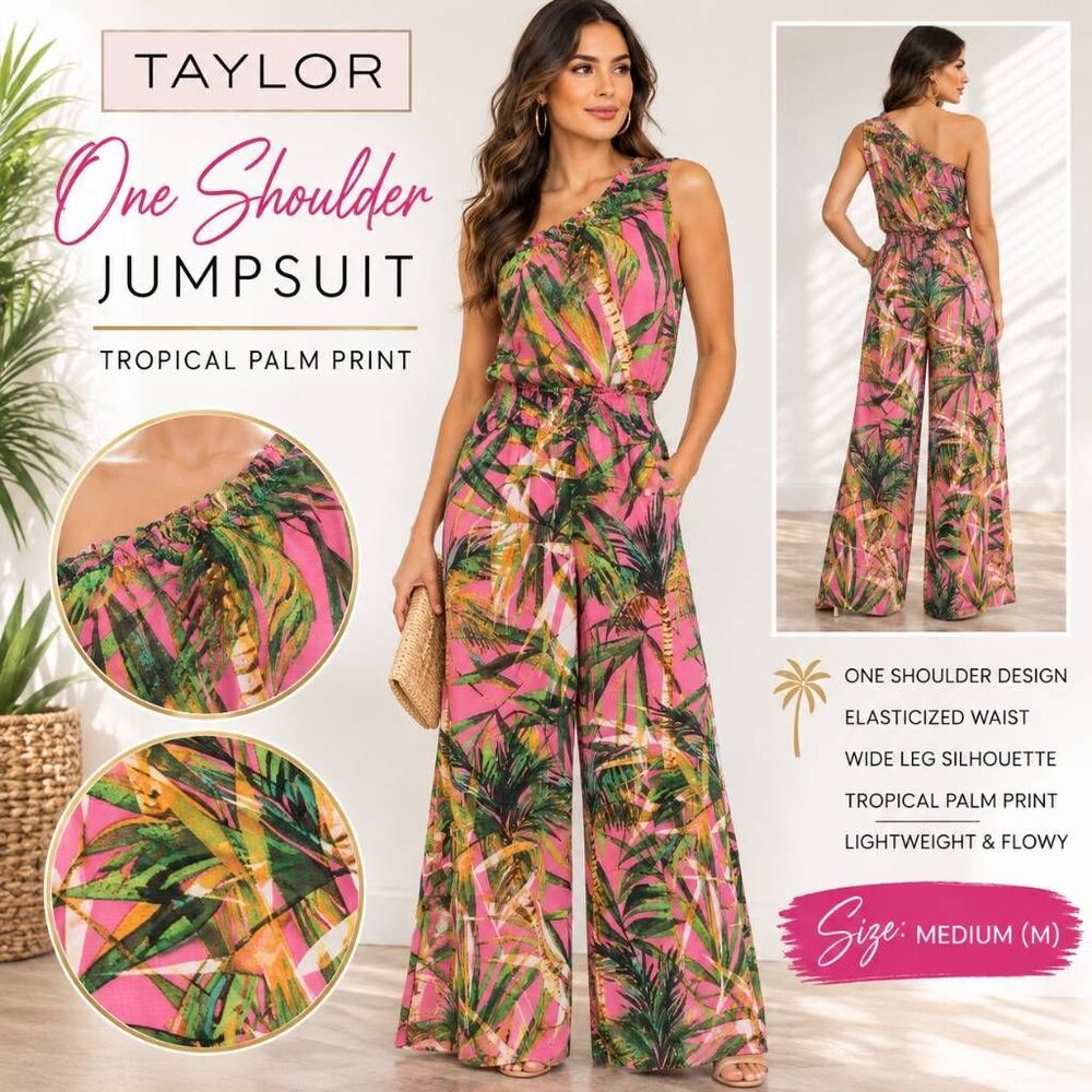 Taylor Women’s One Shoulder Tropical Palm Print Wide Leg Jumpsuit Pink Size M